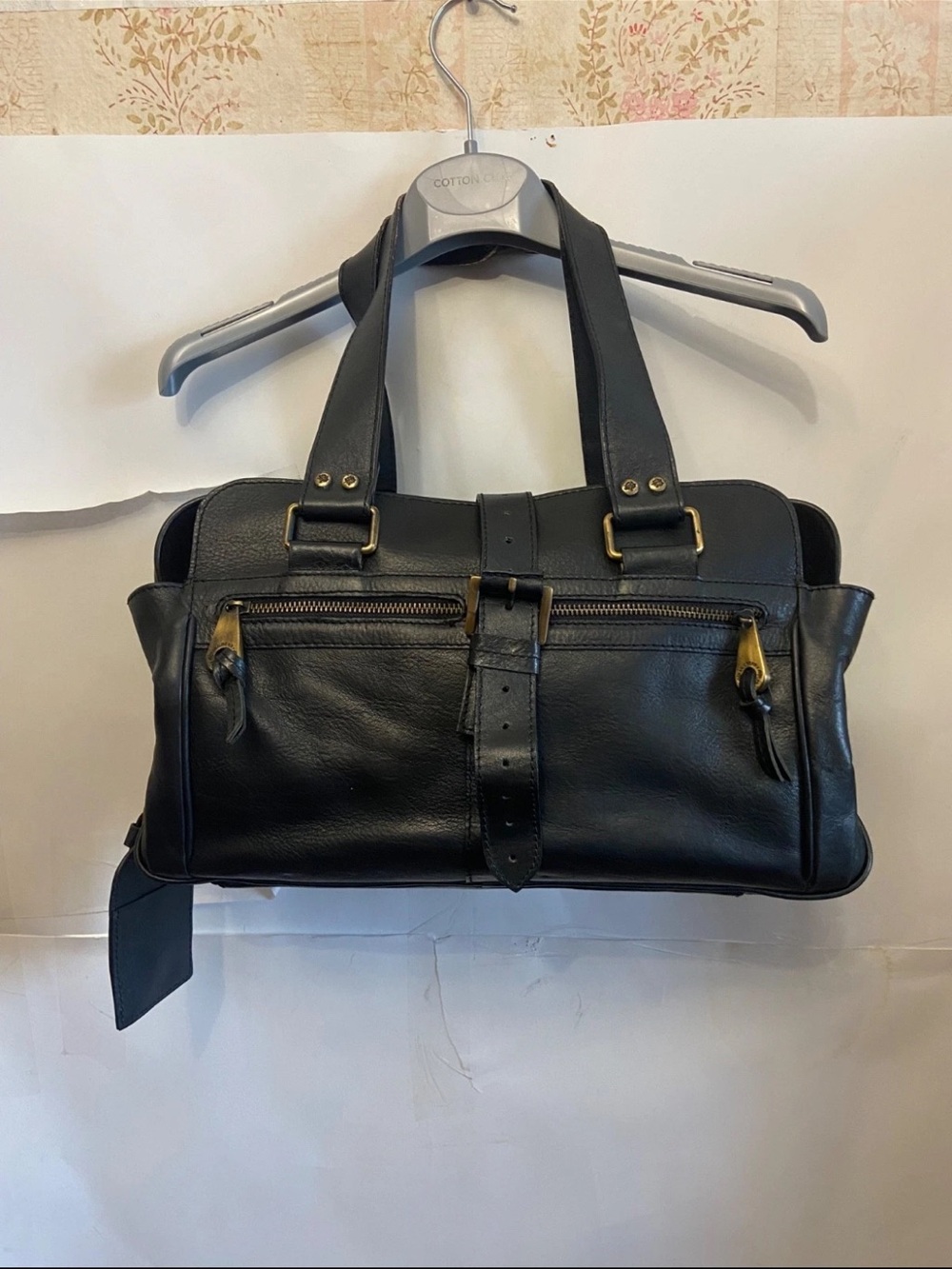 Mulberry Black Leather Dual-Handle Briefcase with Brass Accents